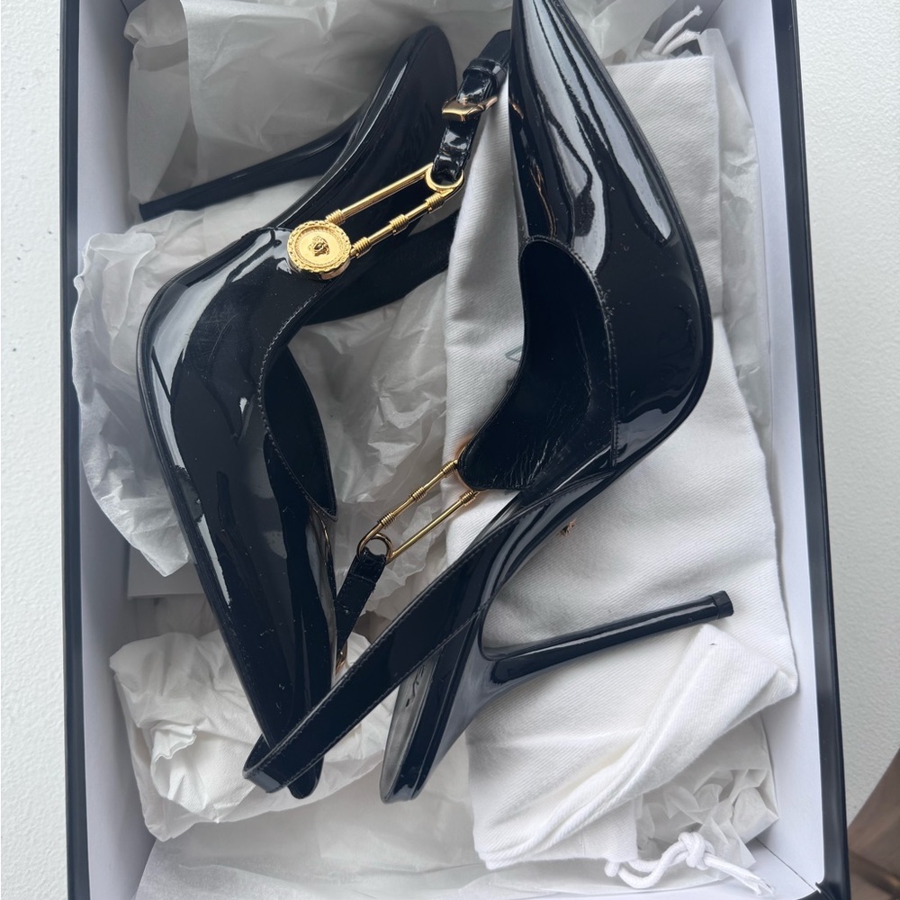 Versace Safety pin patent leather slingback pumps